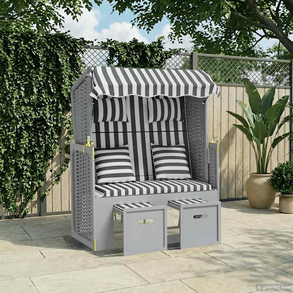 vidaXL Strandkorb mit Kissen Poly Rattan und Massivholz Grau & Weiß