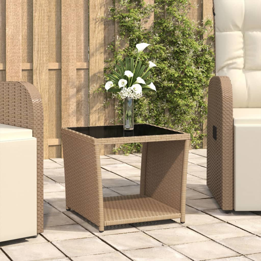 vidaXL Beistelltisch mit Glasplatte Beige Poly Rattan & Hartglas