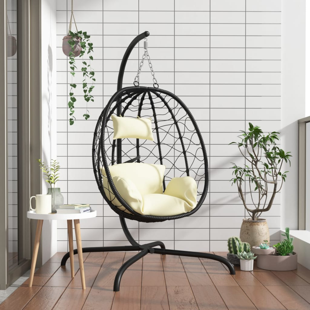vidaXL Hängesessel mit Kissen Cremeweiß Poly Rattan & Stahl