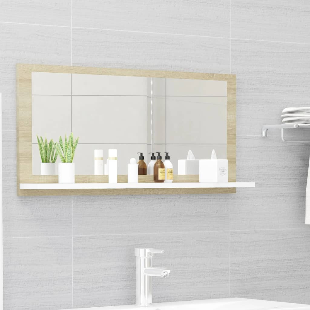 vidaXL Badspiegel Weiß und Sonoma-Eiche 80x10,5x37cm Holzwerkstoff