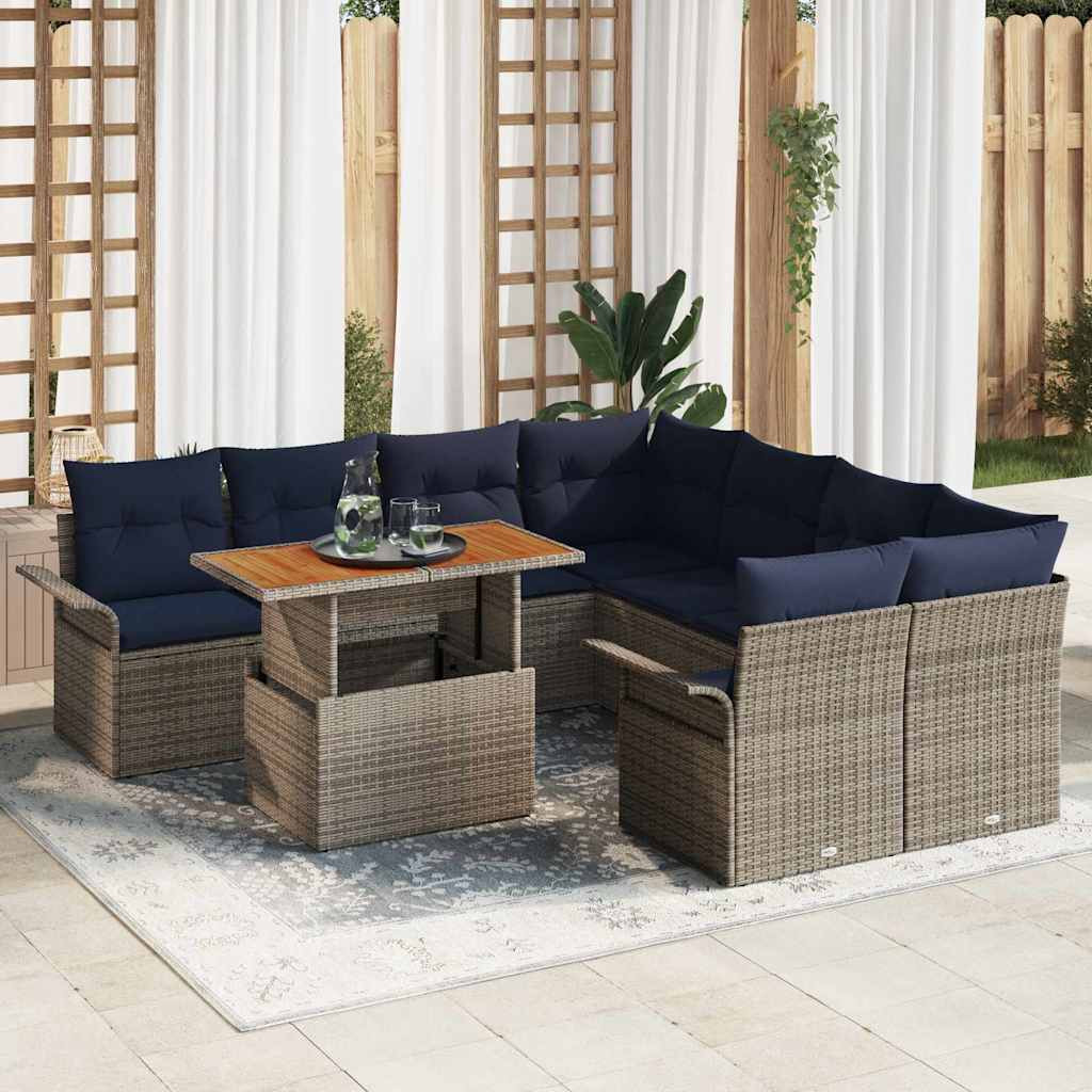 vidaXL Gartensofa-set mit Kissen 9 pcs Grau und Marineblau Poly-Rattan