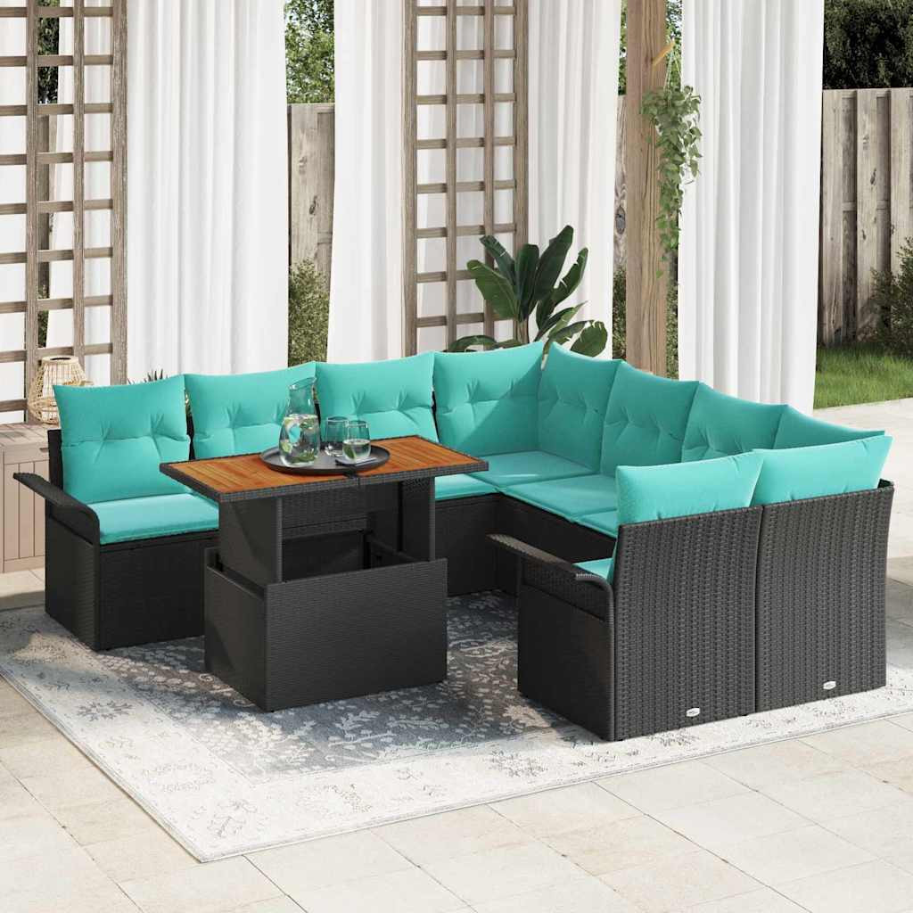 vidaXL Gartensofa-set mit Kissen 9 pcs Schwarz und Blau Poly-Rattan
