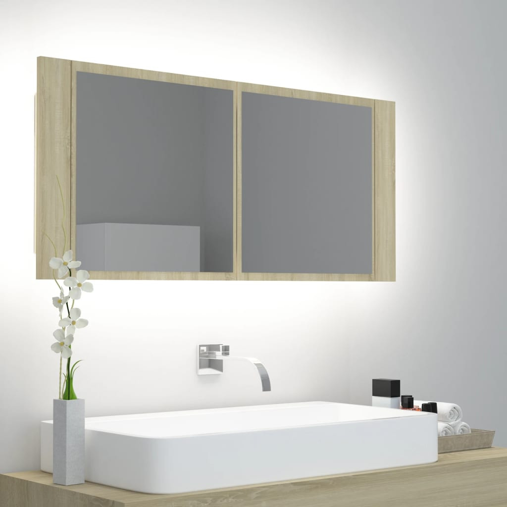 vidaXL LED-Bad-Spiegelschrank Sonoma-Eiche 100x12x45 cm Acryl