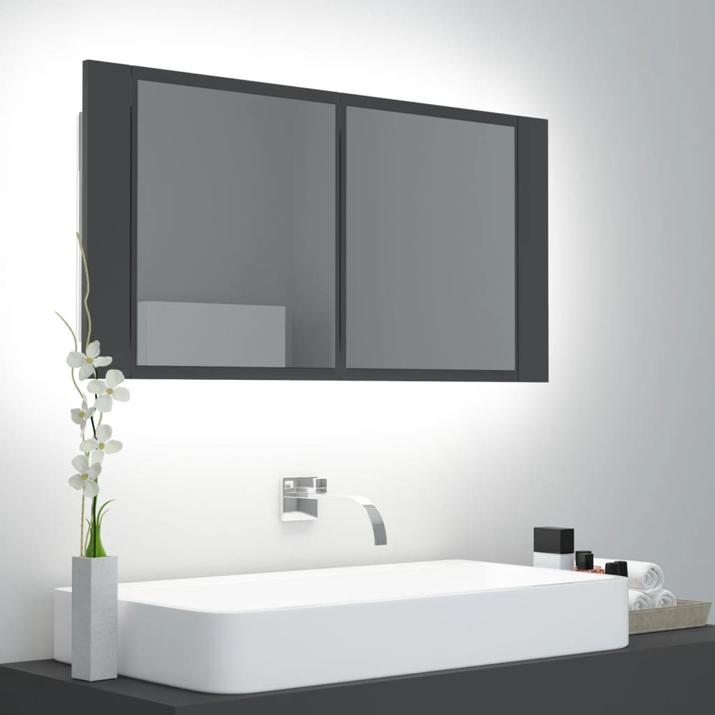 vidaXL LED-Bad-Spiegelschrank Grau 90x12x45 cm Acryl