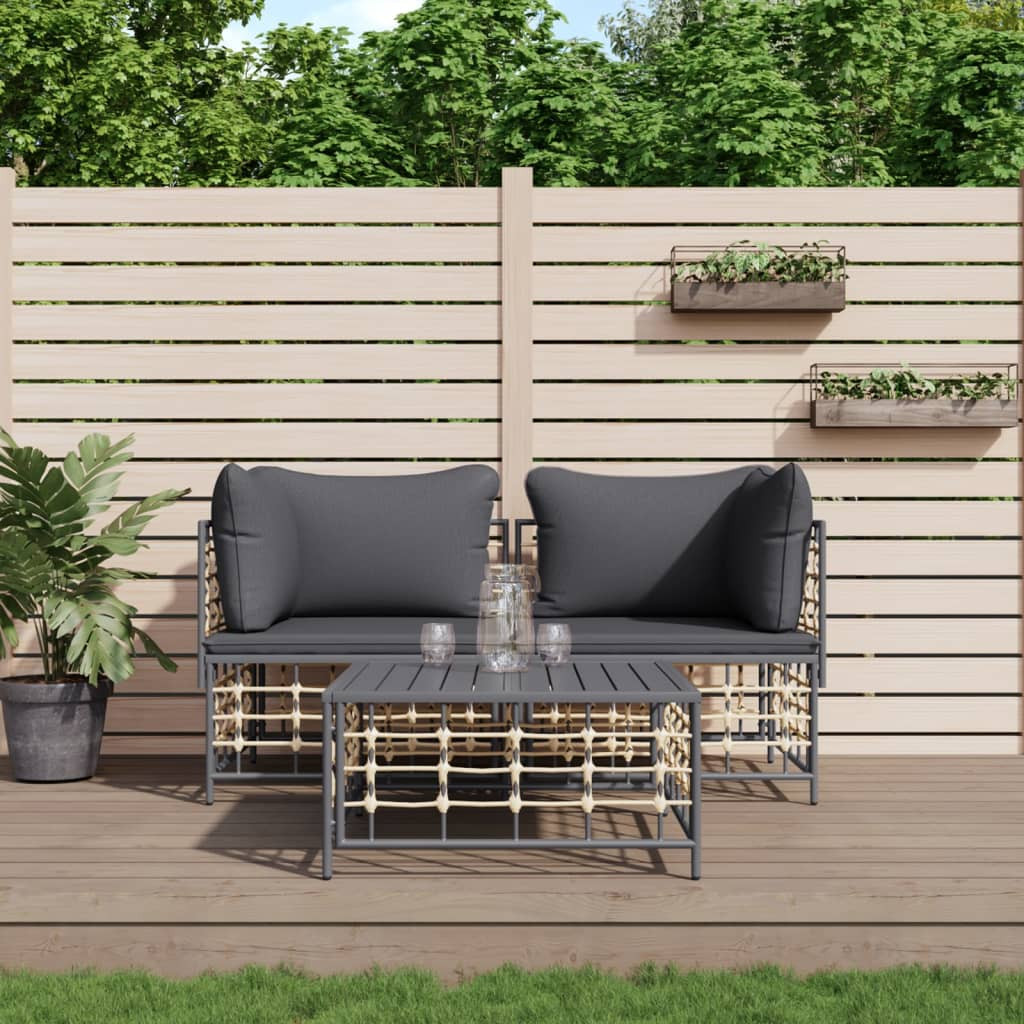 vidaXL 3-tlg. Garten-Lounge-Set mit Kissen Anthrazit Poly Rattan