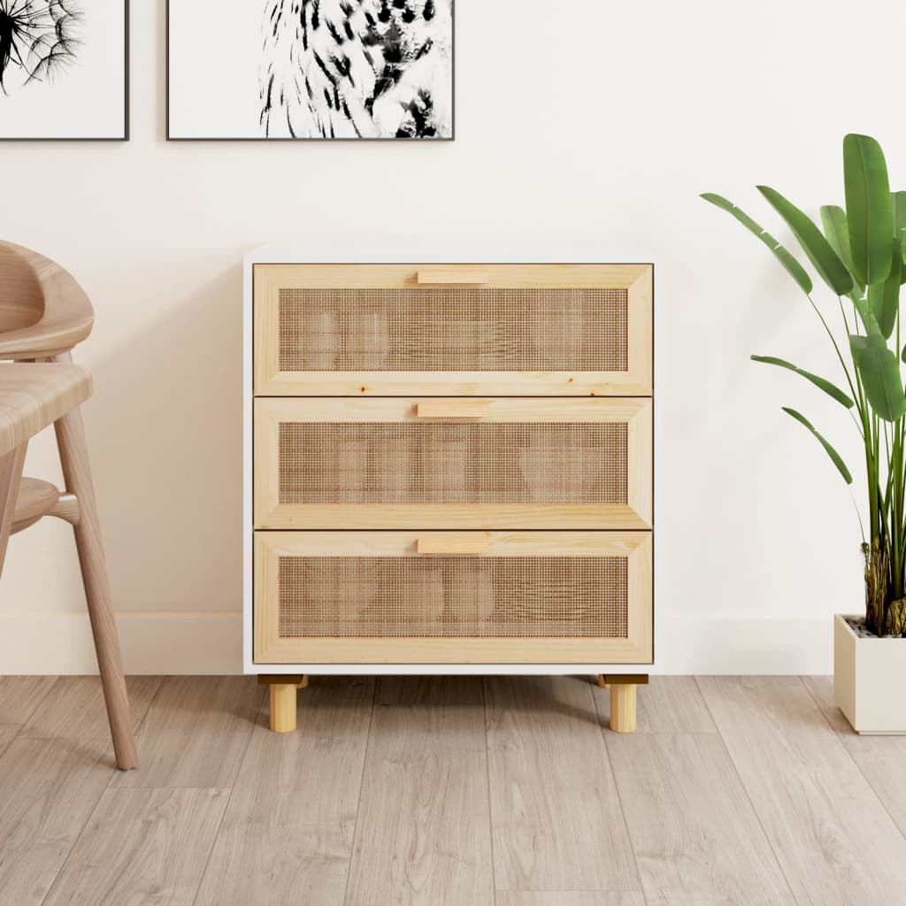 vidaXL Sideboard Weiß 60x30x70 cm Massivholz Kiefer und Natur-Rattan