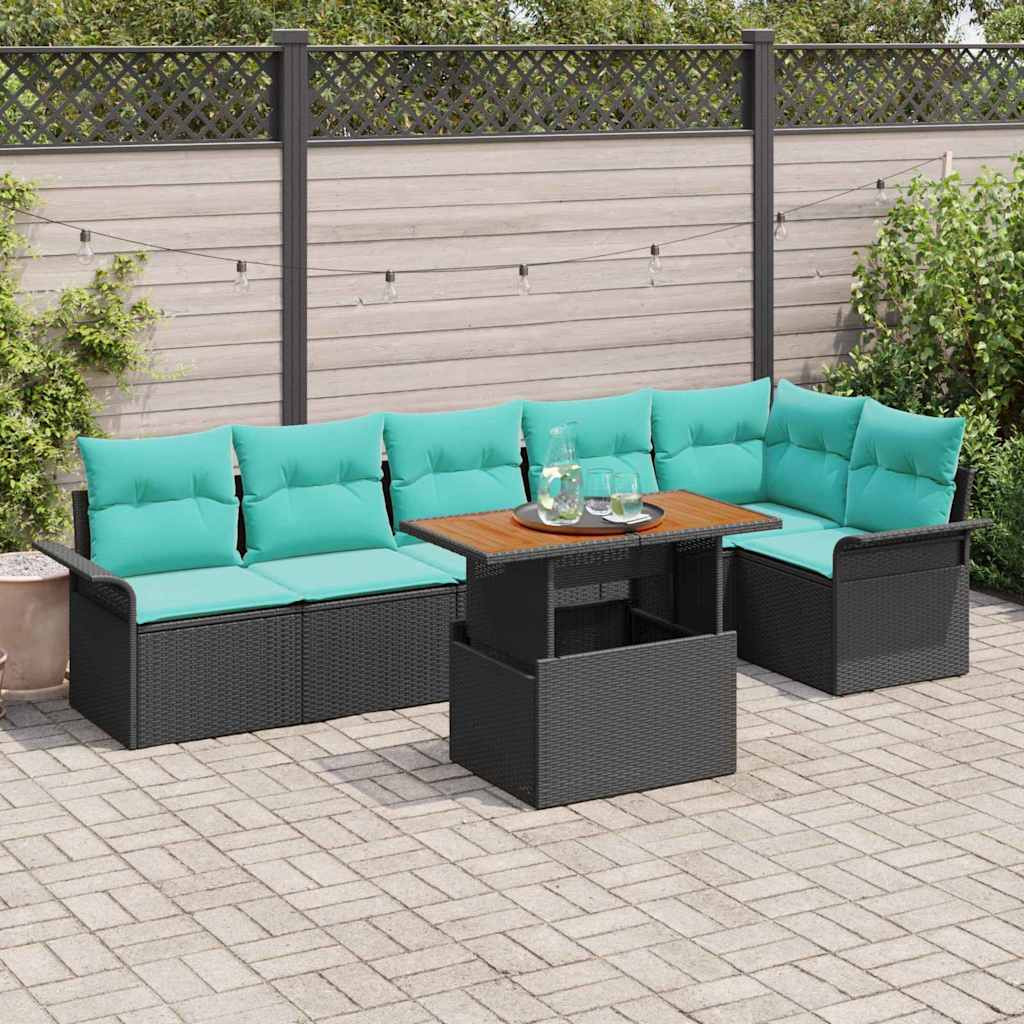 vidaXL Gartensofa-set mit Kissen 7 pcs Schwarz und Blau Poly-Rattan