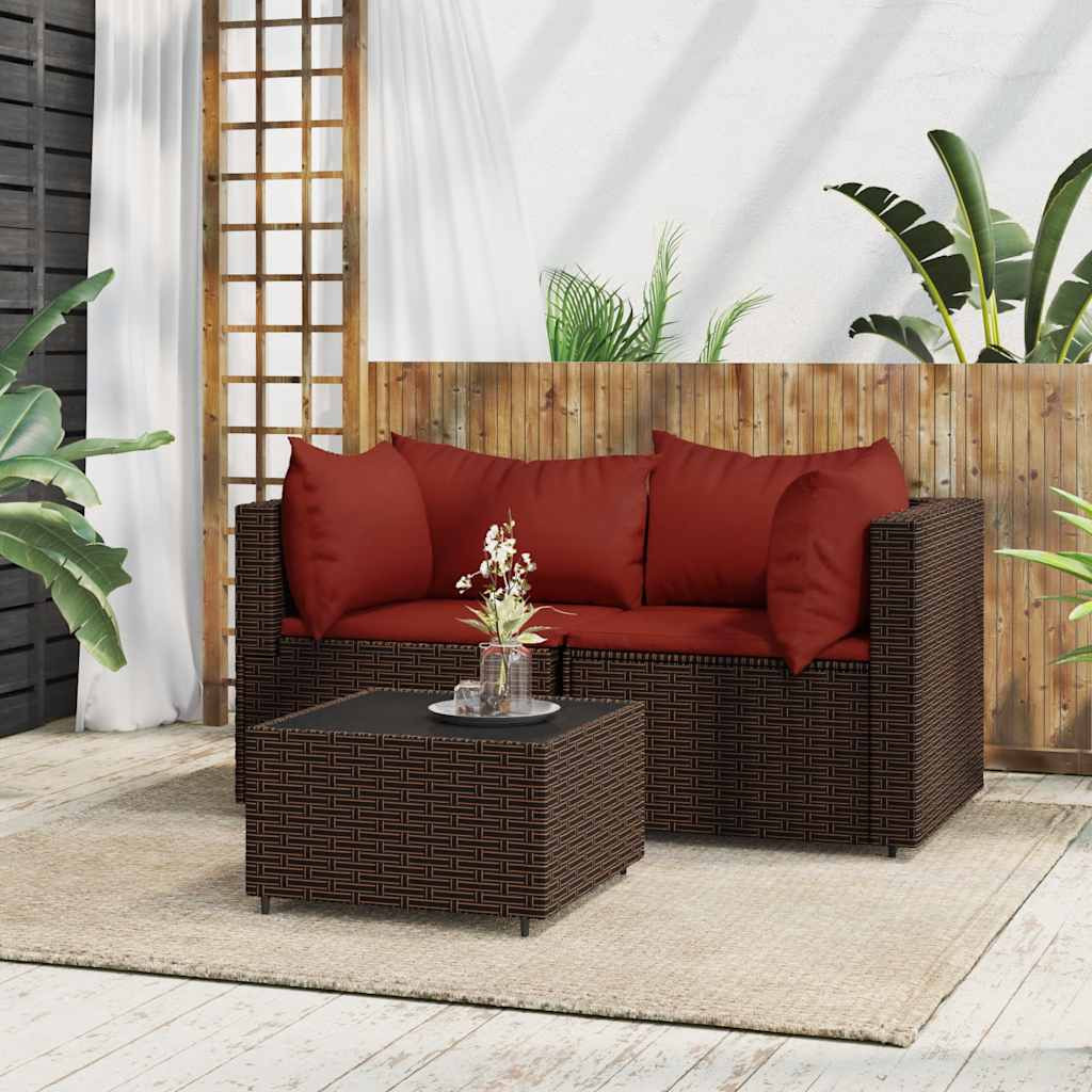 vidaXL 3-tlg. Garten-Lounge-Set mit Kissen Braun Poly Rattan
