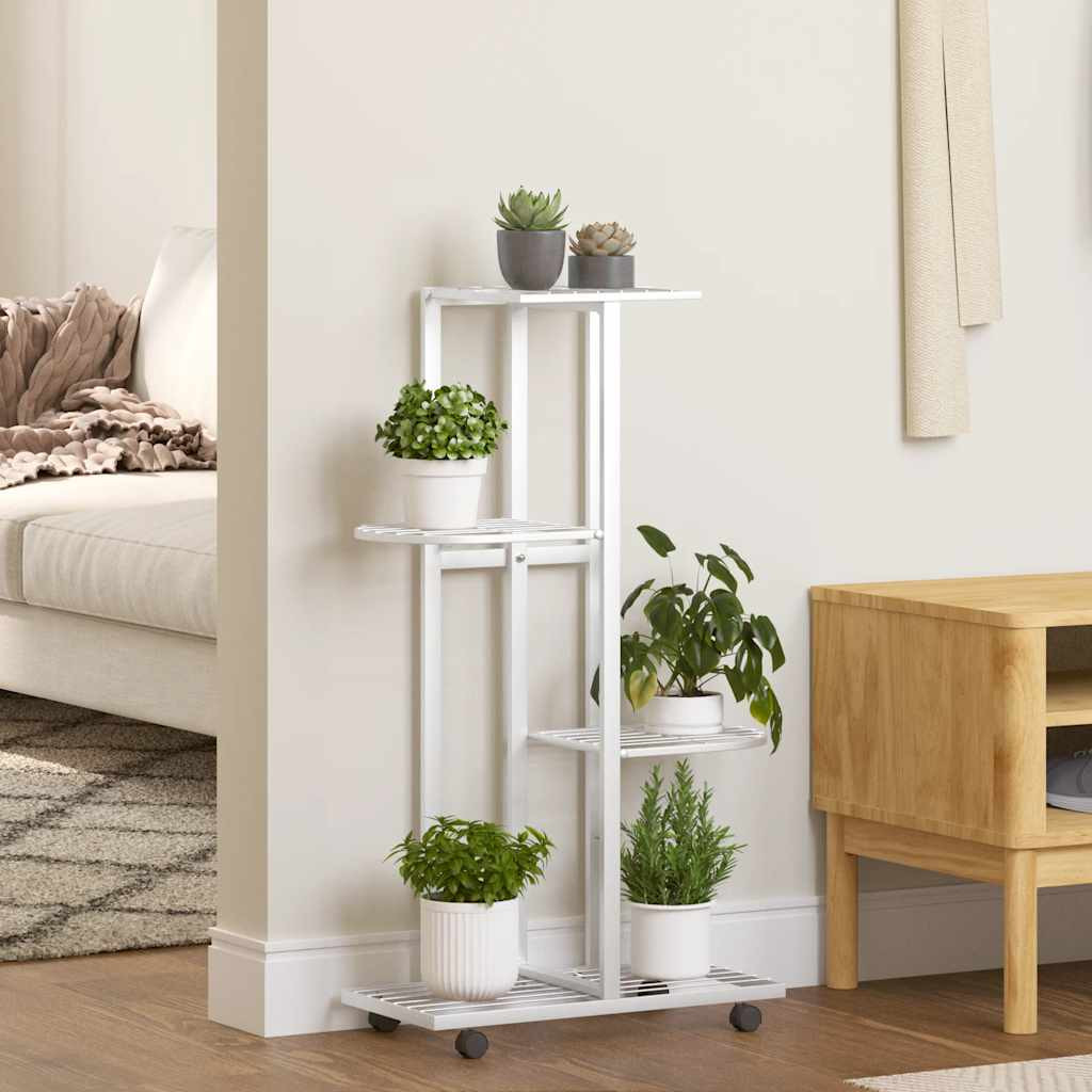 vidaXL Blumenständer 4-Etagen mit Rollen 44x23x80 cm Weiß Eisen