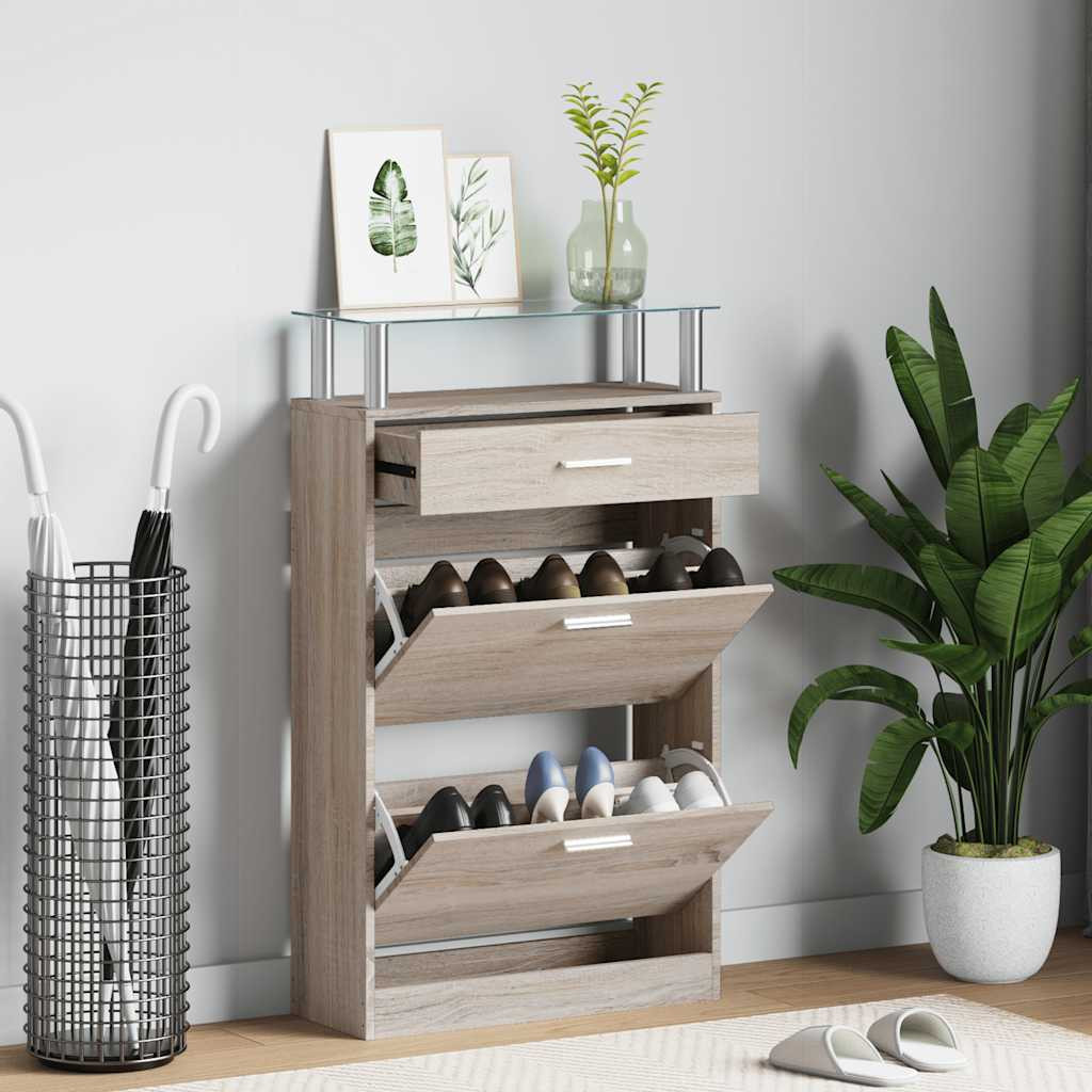 vidaXL Schuhschrank mit Schubfach & oberes Glasregal Holz Eichenoptik