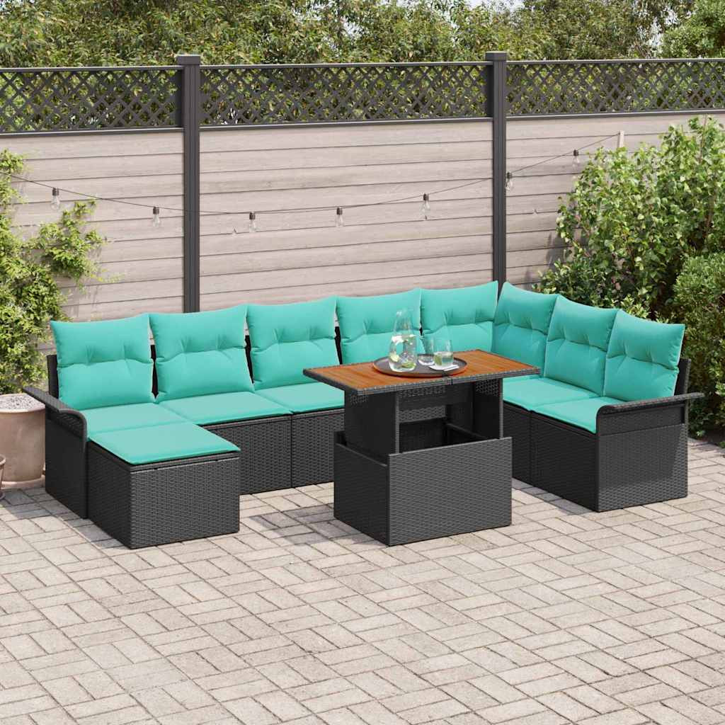 vidaXL Garten-Sofa-Set mit Kissen mit Speicher 9 pcs Schwarz und blau