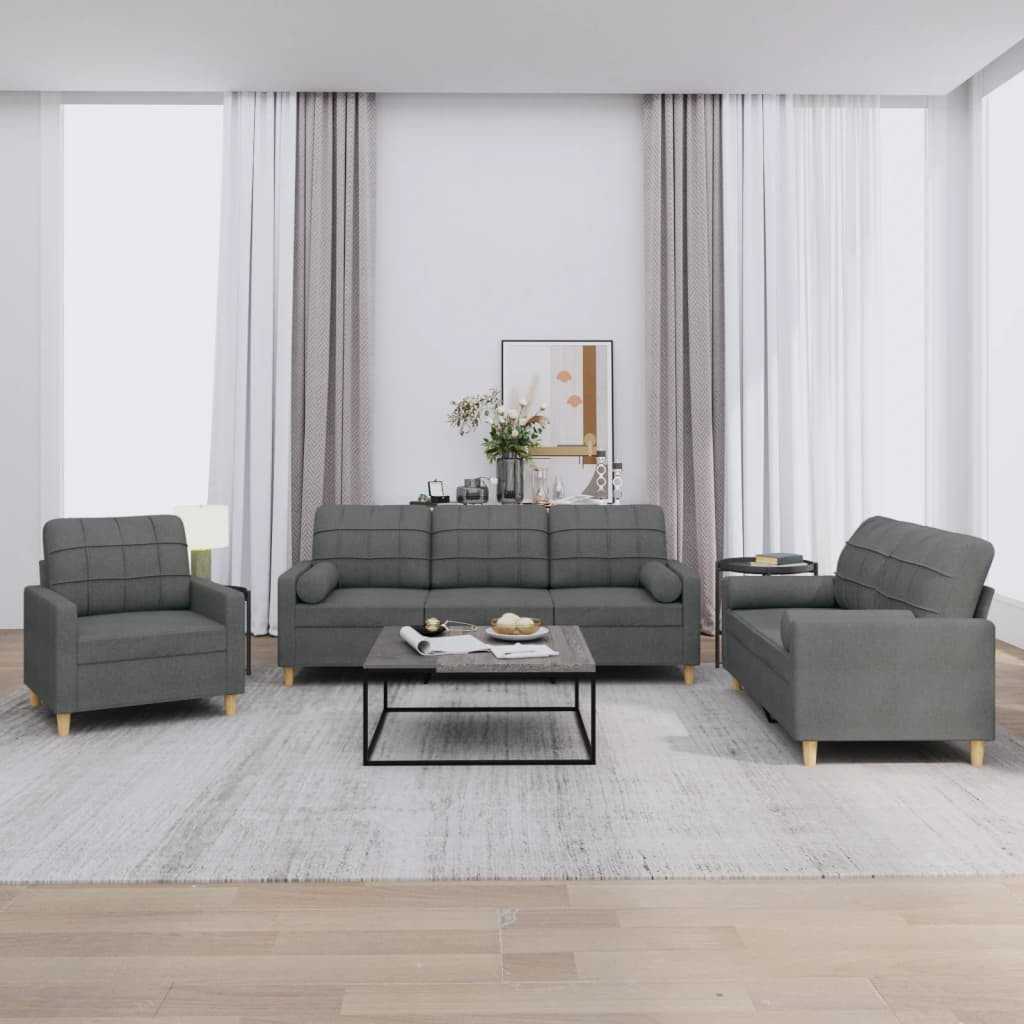 vidaXL 3-tlg. Sofagarnitur mit Kissen Dunkelgrau Stoff