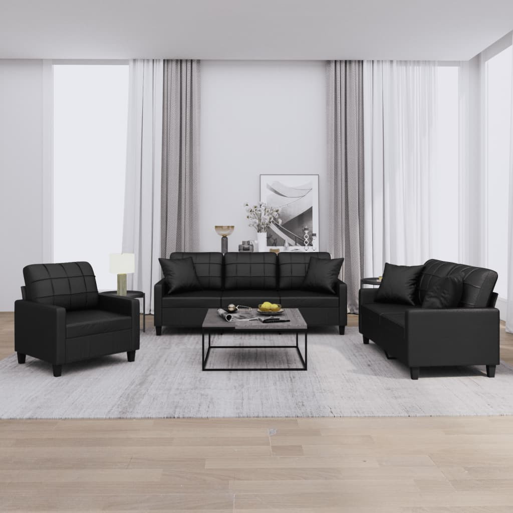 vidaXL 3-tlg. Sofagarnitur mit Kissen Schwarz Kunstleder