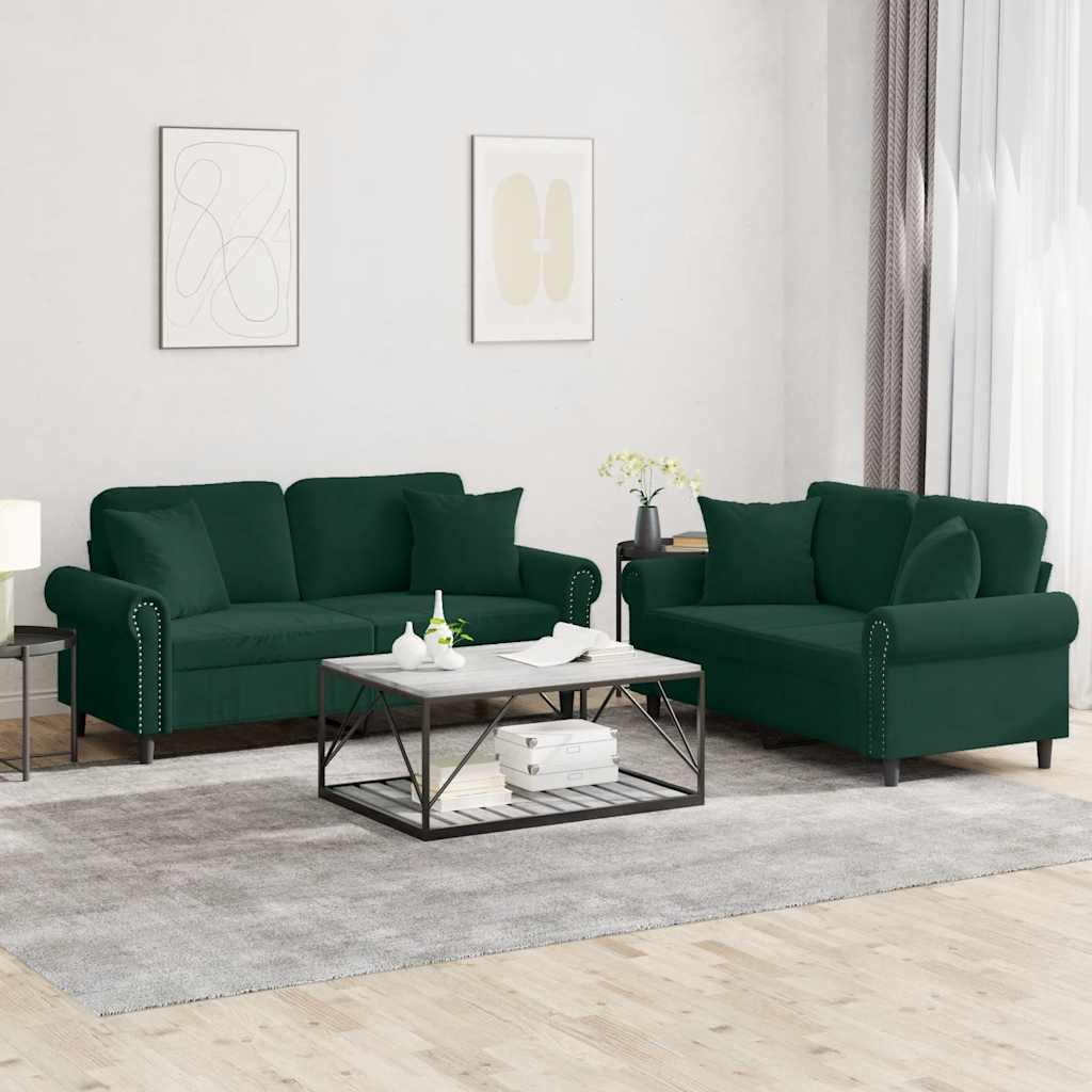 vidaXL 2-tlg. Sofagarnitur mit Kissen Dunkelgrün Samt