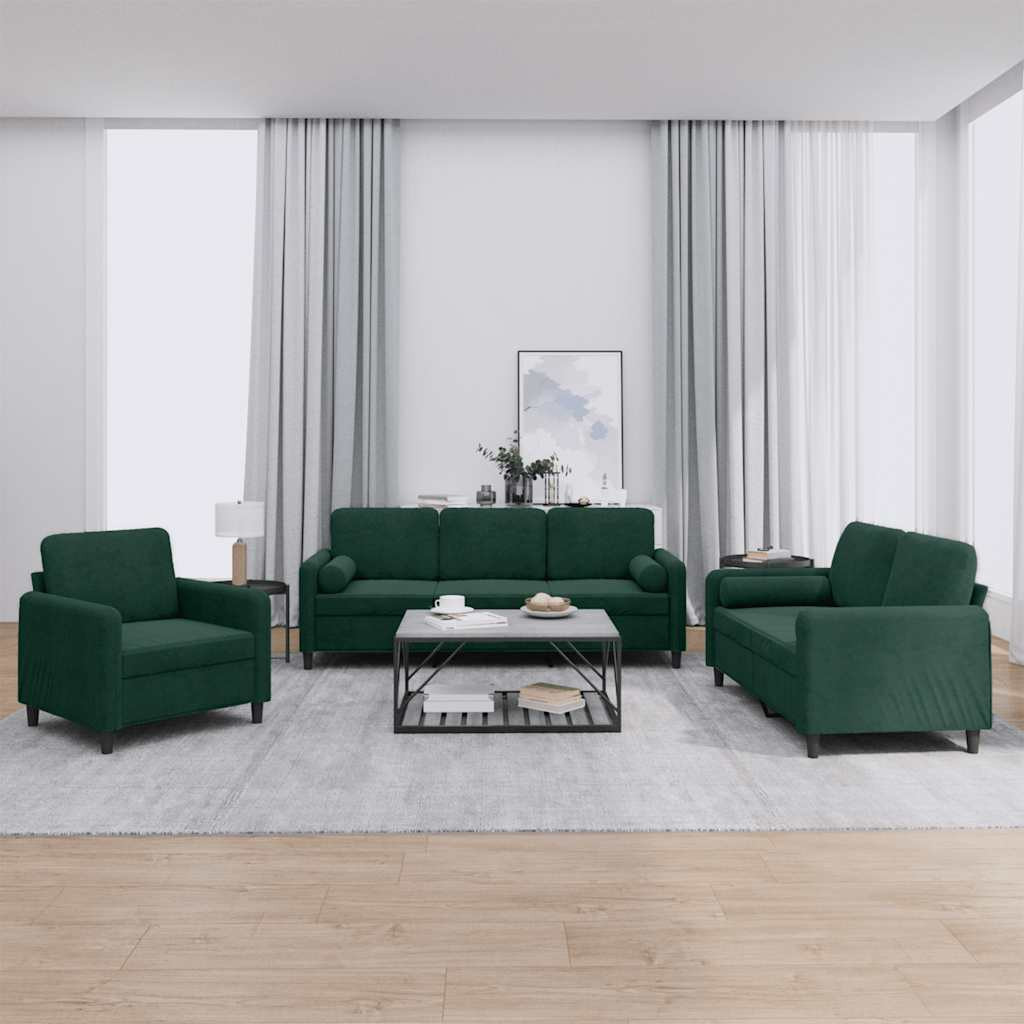 vidaXL 3-tlg. Sofagarnitur mit Kissen Dunkelgrün Samt