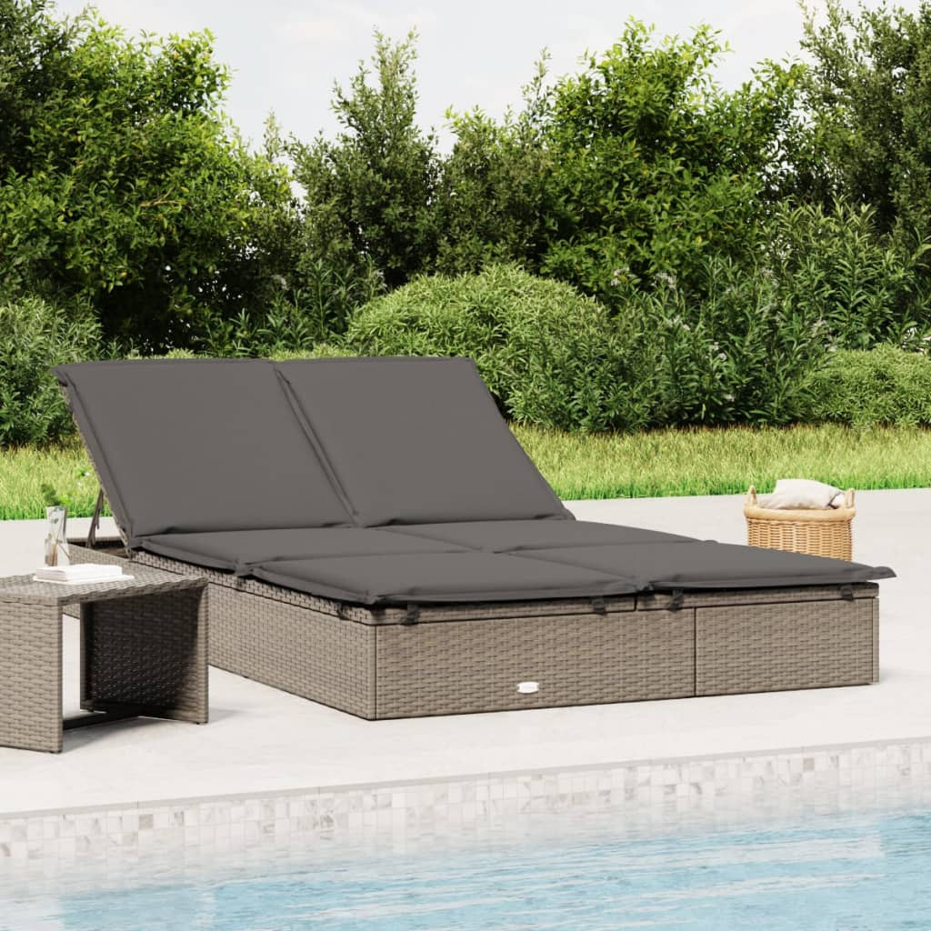 vidaXL Sonnenliege für 2 Personen mit Auflage Grau Poly Rattan
