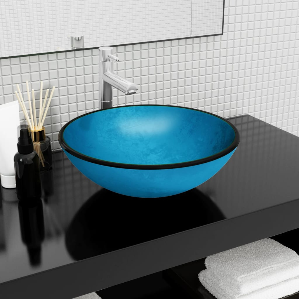 vidaXL Waschbecken Hartglas 42x14 cm Blau