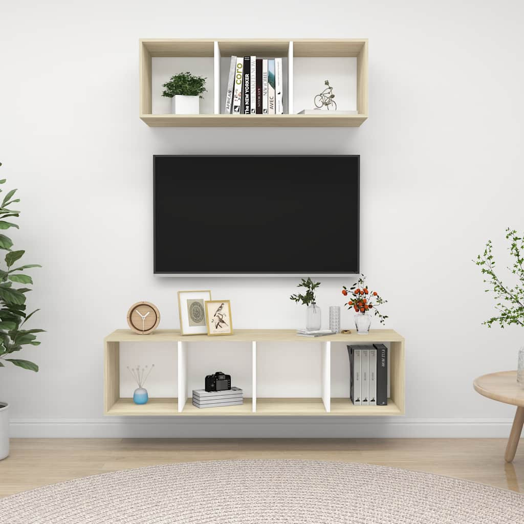 vidaXL 2-tlg. TV-Schrank-Set Weiß Sonoma-Eiche Holzwerkstoff