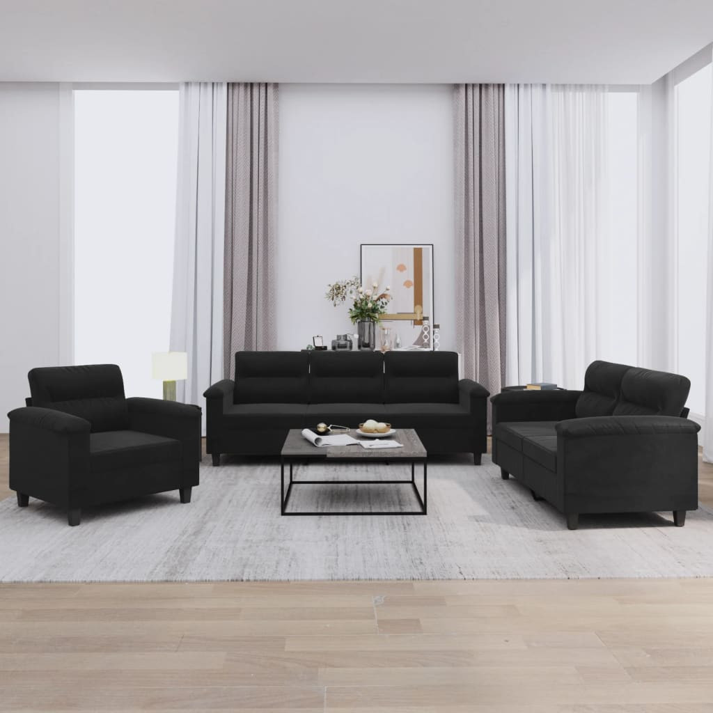 vidaXL 3-tlg. Sofagarnitur mit Kissen Schwarz Mikrofasergewebe