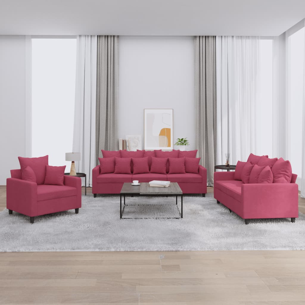 vidaXL 3-tlg. Sofagarnitur mit Kissen Weinrot Samt