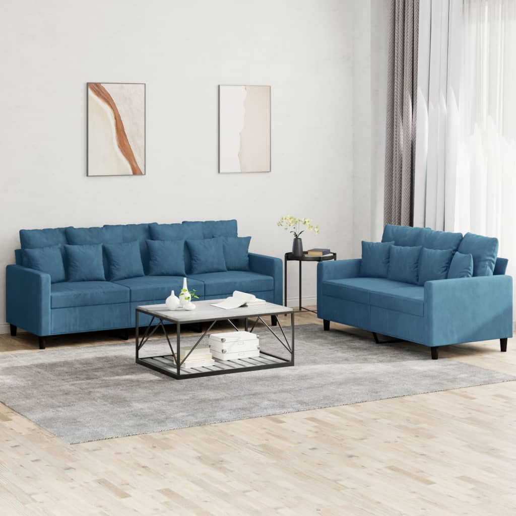 vidaXL 2-tlg. Sofagarnitur mit Kissen Blau Samt