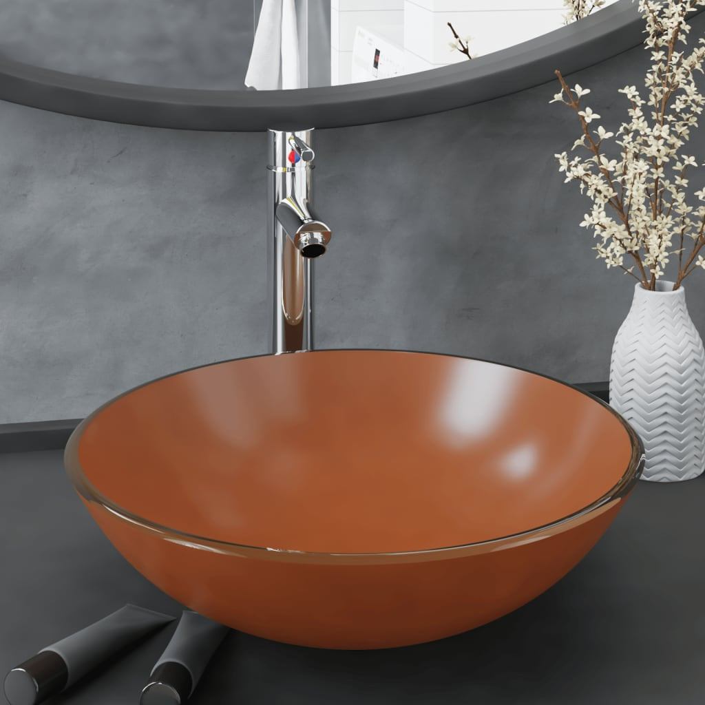 vidaXL Badezimmer Waschbecken mit Wasserhahn und Ablaufgarnitur Braun