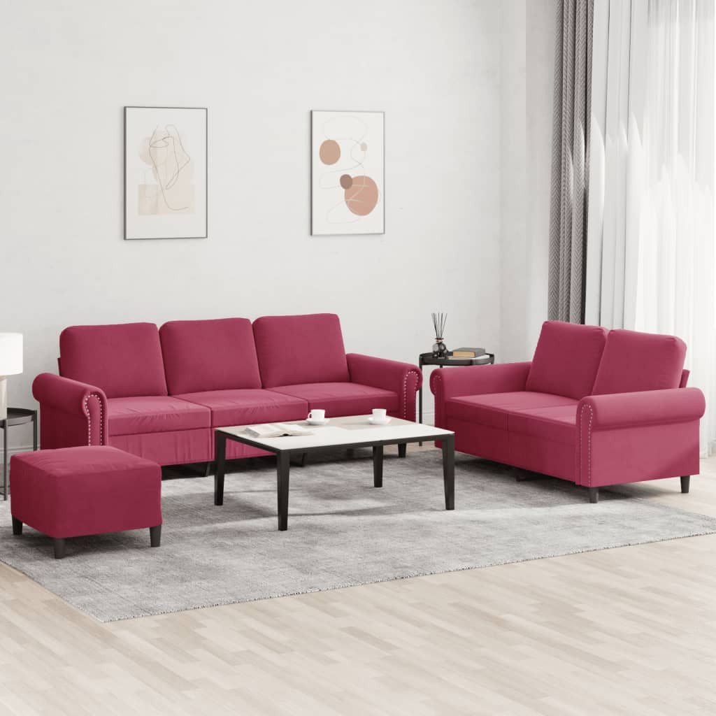 vidaXL 3-tlg. Sofagarnitur mit Kissen Weinrot Samt