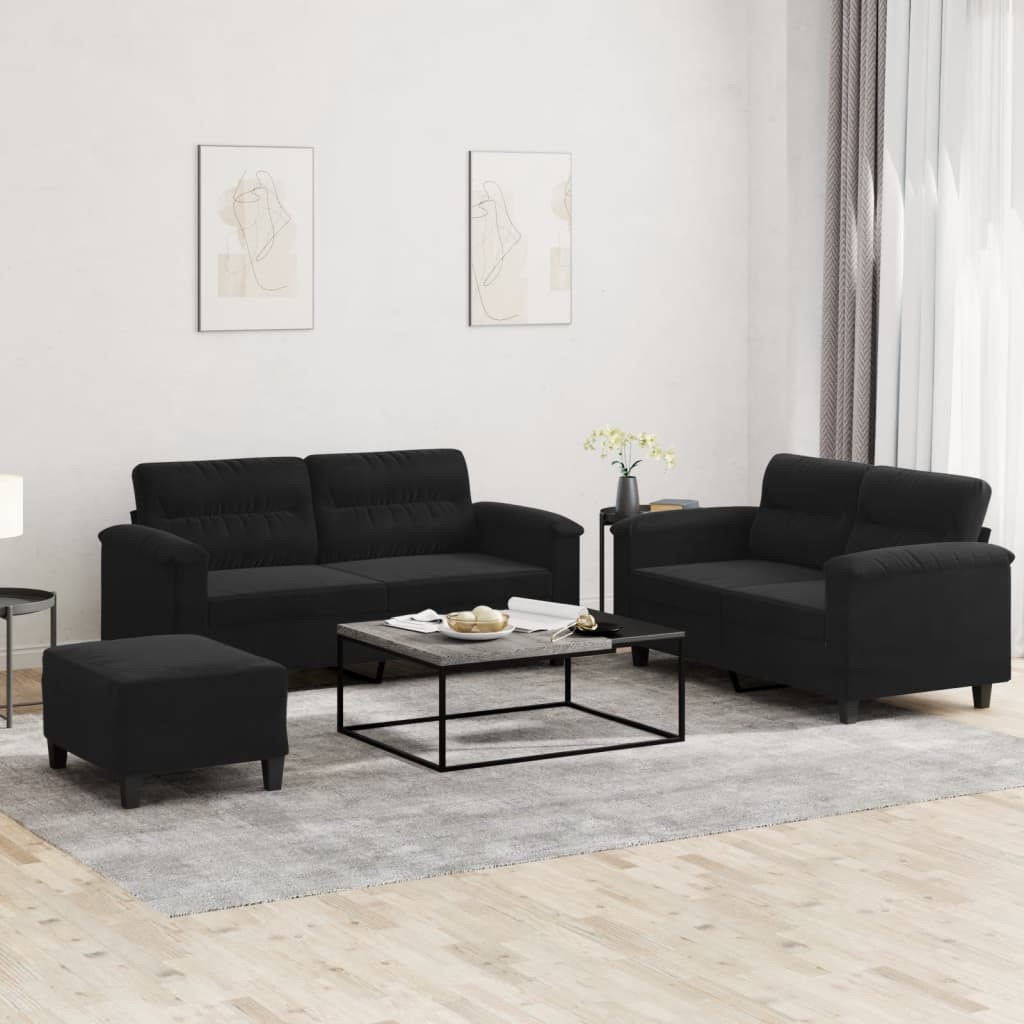 vidaXL 3-tlg. Sofagarnitur mit Kissen Schwarz Mikrofasergewebe