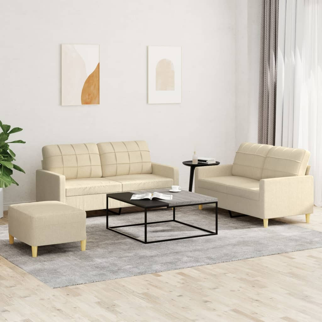 vidaXL 3-tlg. Sofagarnitur mit Kissen Creme Stoff
