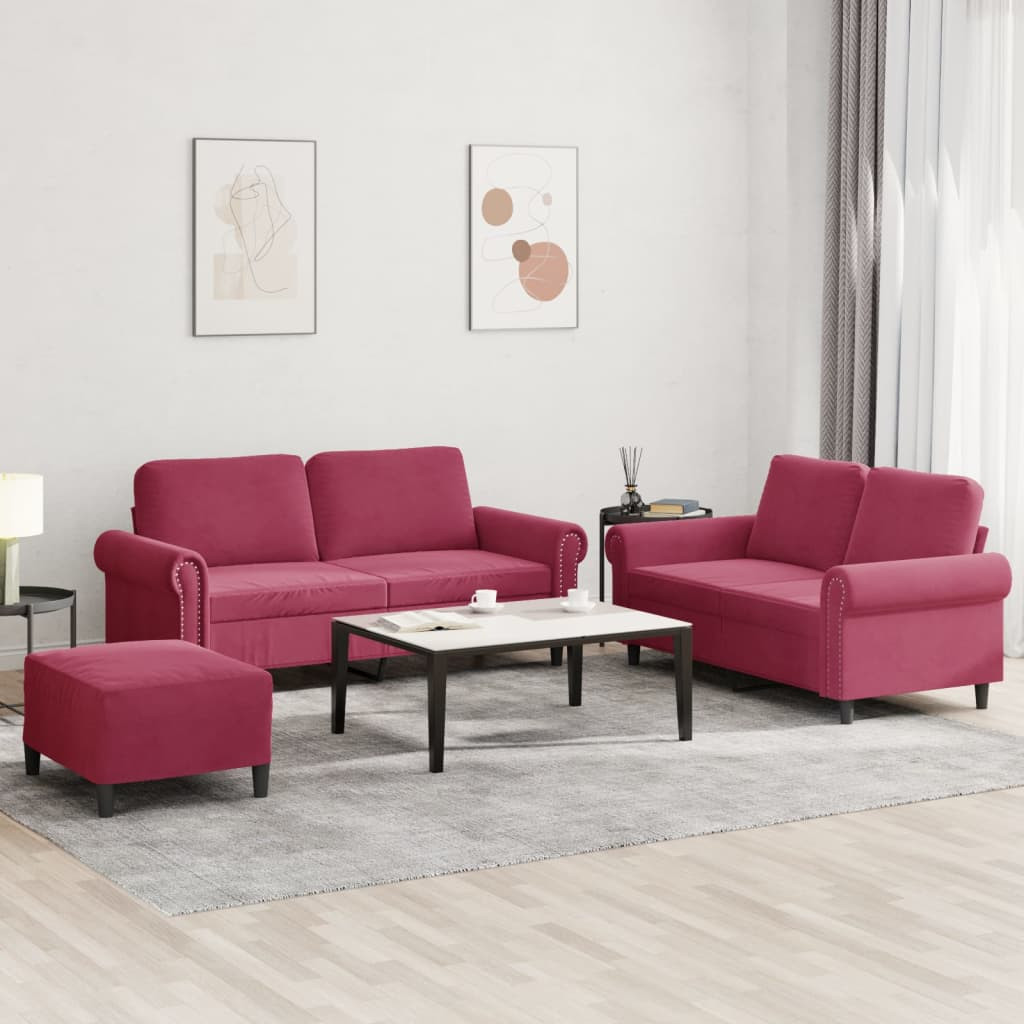 vidaXL 3-tlg. Sofagarnitur mit Kissen Weinrot Samt