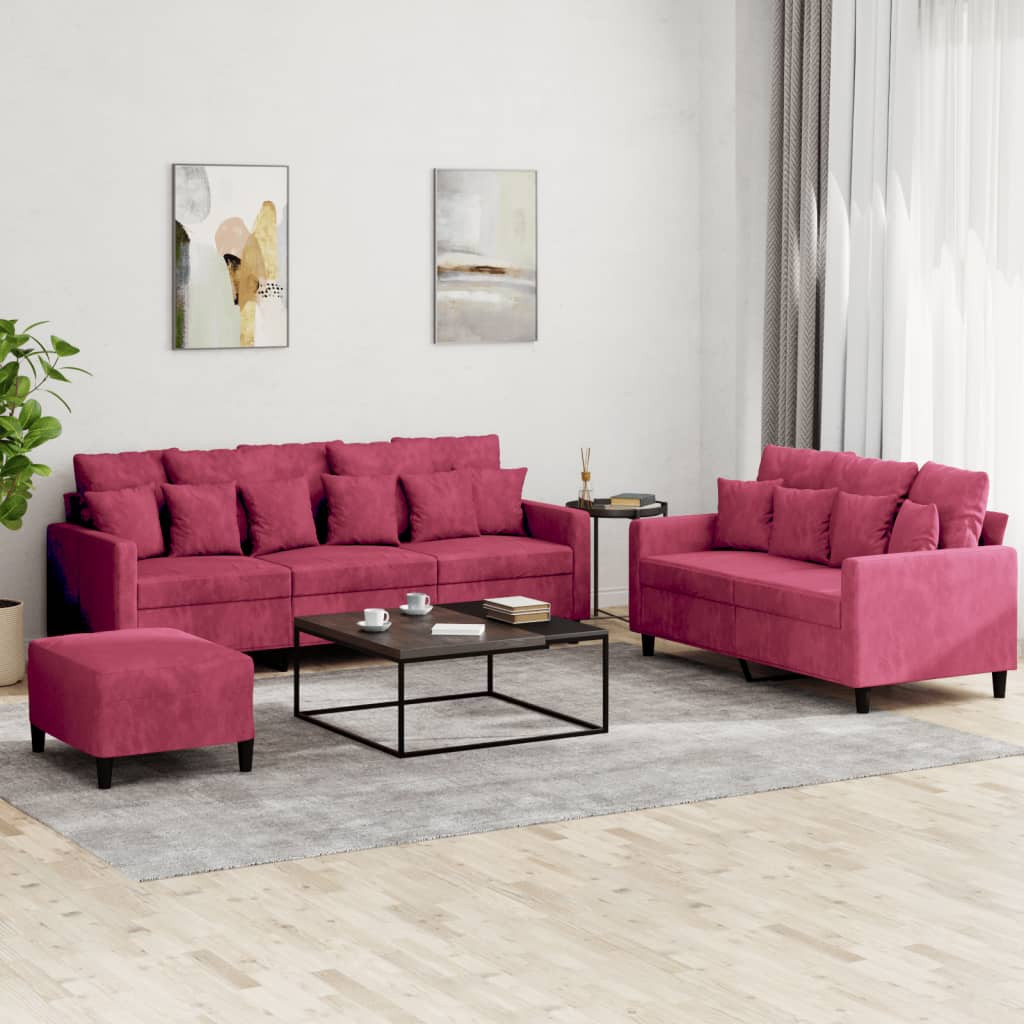 vidaXL 3-tlg. Sofagarnitur mit Kissen Weinrot Samt