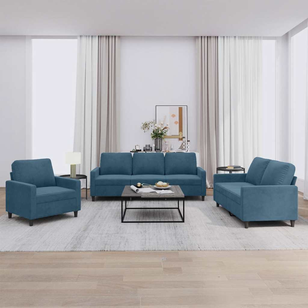 vidaXL 3-tlg. Sofagarnitur mit Kissen Blau Samt