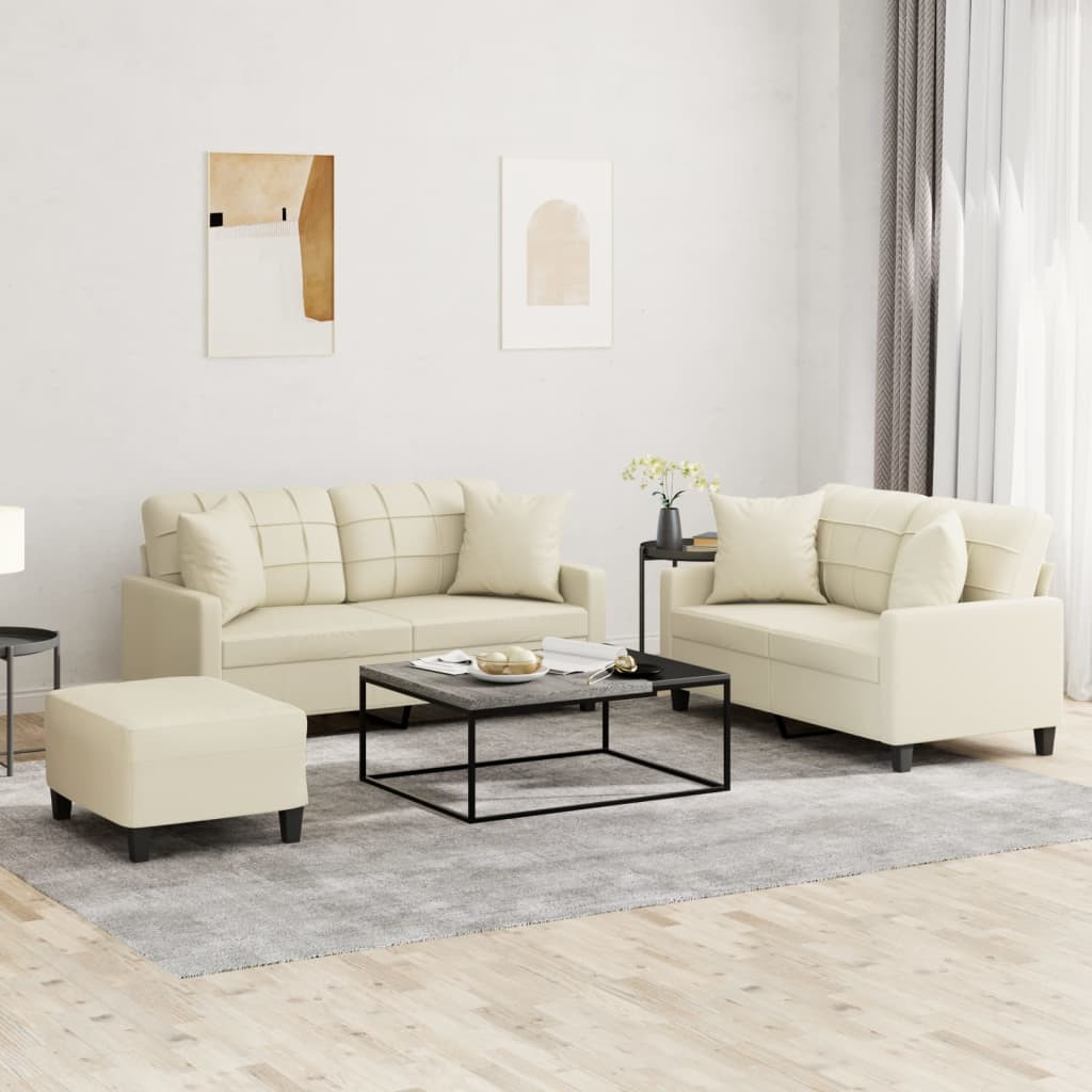 vidaXL 3-tlg. Sofagarnitur mit Kissen Creme Kunstleder
