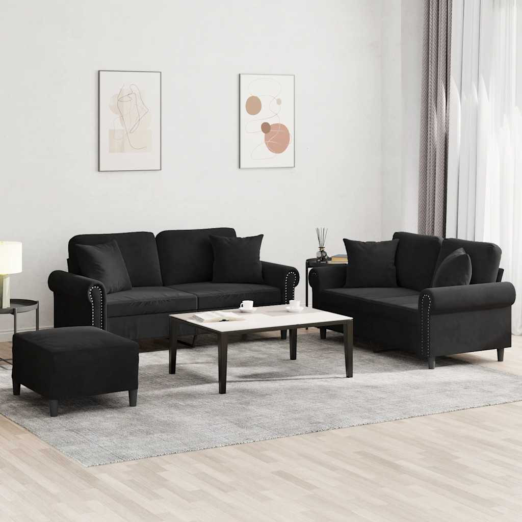 vidaXL 3-tlg. Sofagarnitur mit Kissen Schwarz Samt