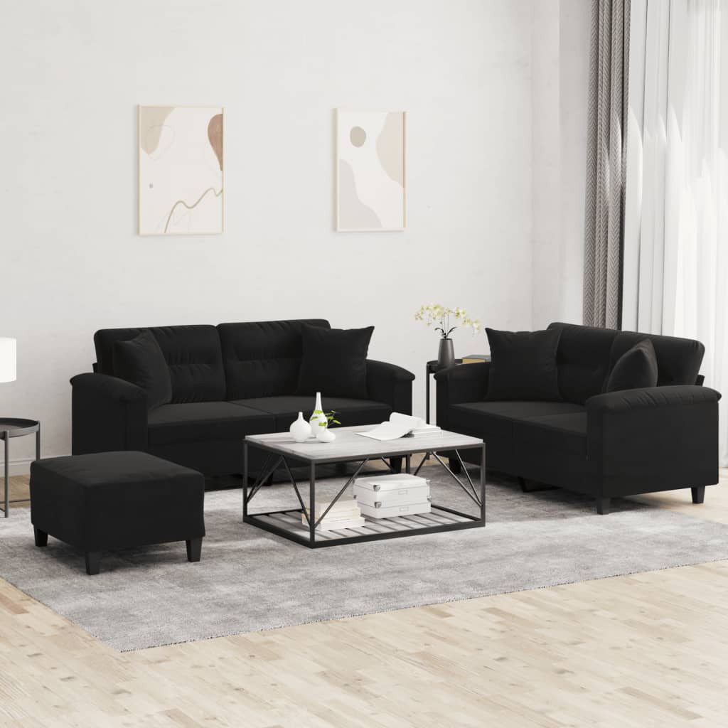 vidaXL 3-tlg. Sofagarnitur mit Kissen Schwarz Mikrofasergewebe