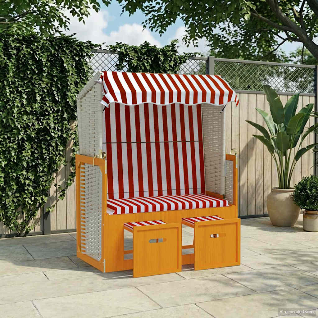vidaXL Strandkorb mit Dach Poly Rattan und Massivholz Rot & Weiß