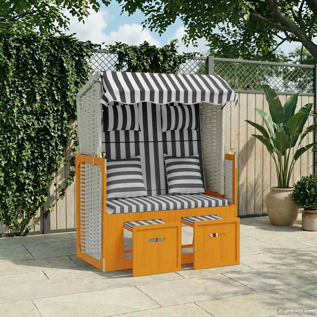 vidaXL Strandkorb mit Kissen Poly Rattan & Massivholz Weiß & Grau