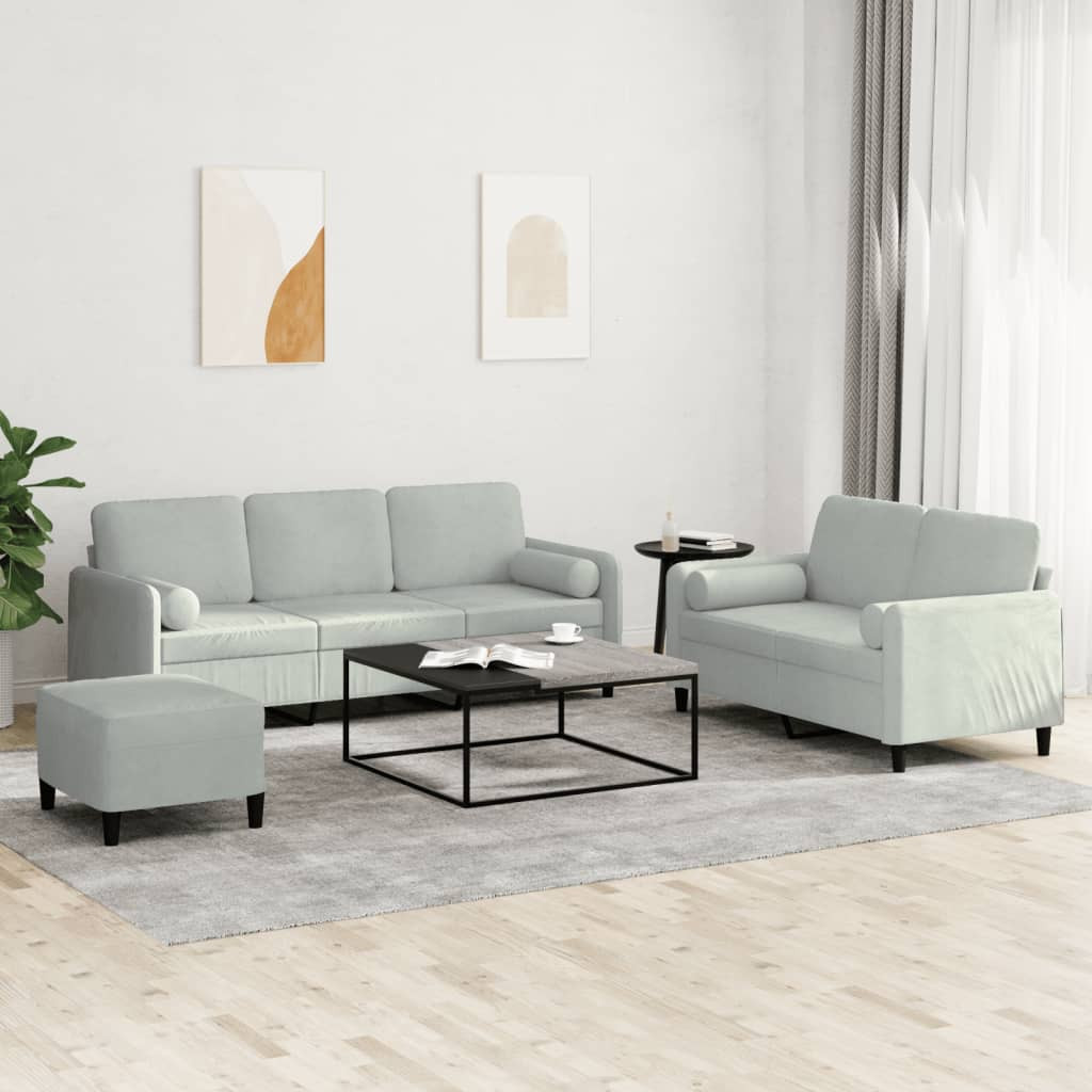 vidaXL 3-tlg. Sofagarnitur mit Kissen Hellgrau Samt
