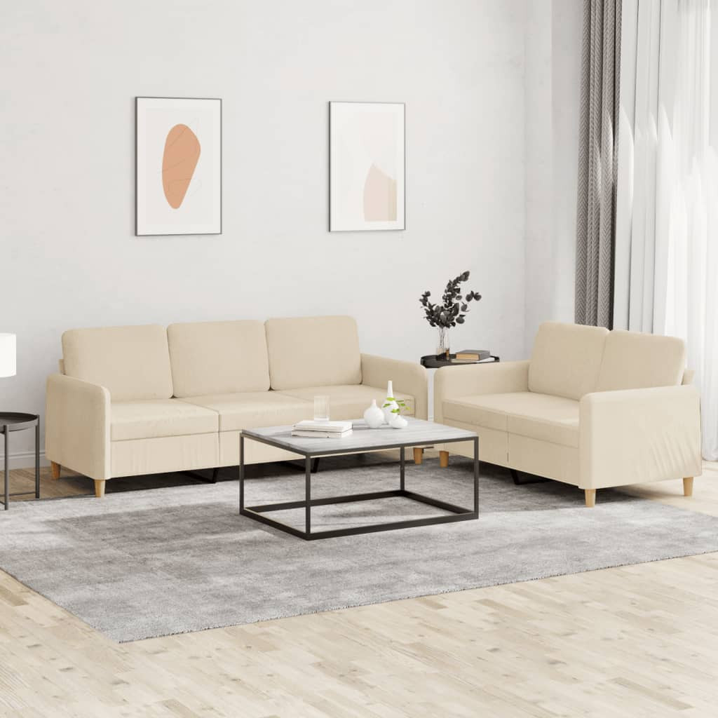 vidaXL 2-tlg. Sofagarnitur mit Kissen Creme Stoff