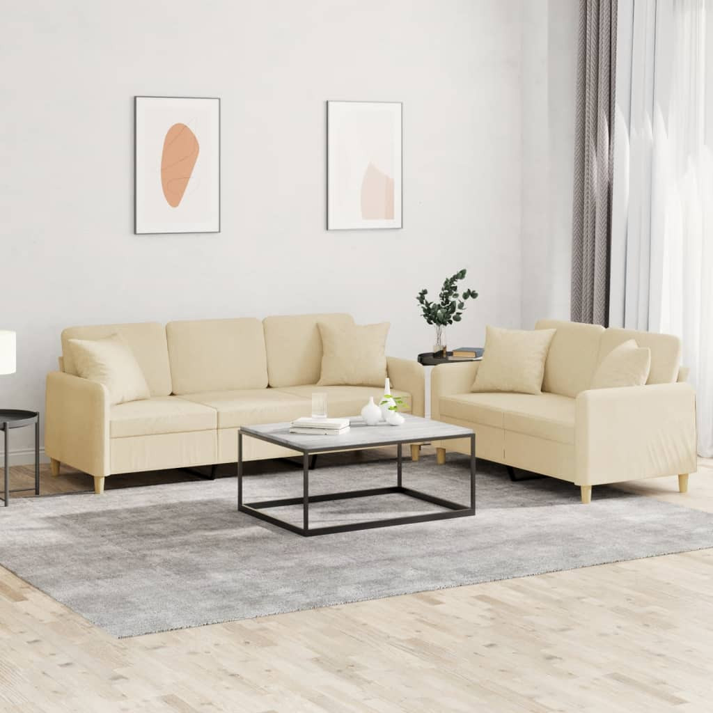 vidaXL 2-tlg. Sofagarnitur mit Kissen Creme Stoff
