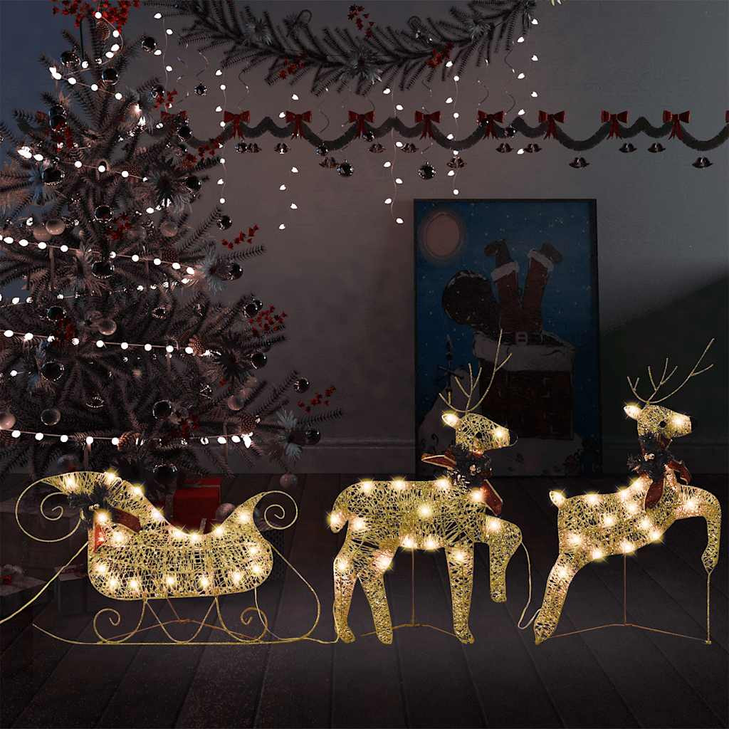vidaXL Weihnachtsdeko Rentier & Schlitten 60 LEDs Outdoor Golden
