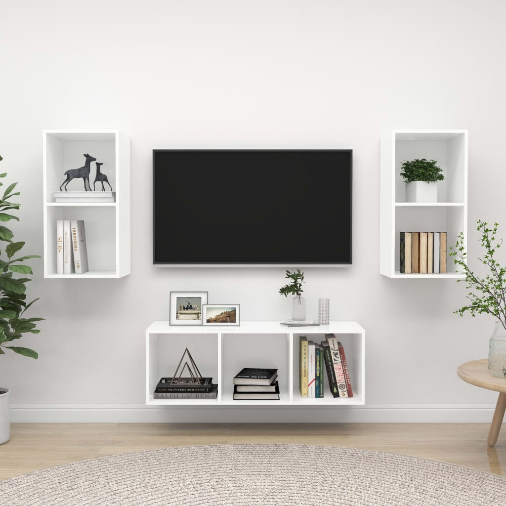 vidaXL 3-tlg. TV-Schrank-Set Weiß Holzwerkstoff