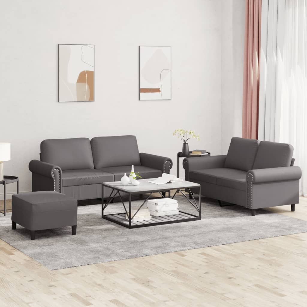 vidaXL 3-tlg. Sofagarnitur mit Kissen Grau Kunstleder