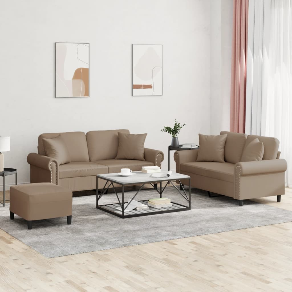 vidaXL 3-tlg. Sofagarnitur mit Kissen Cappuccino-Braun Kunstleder