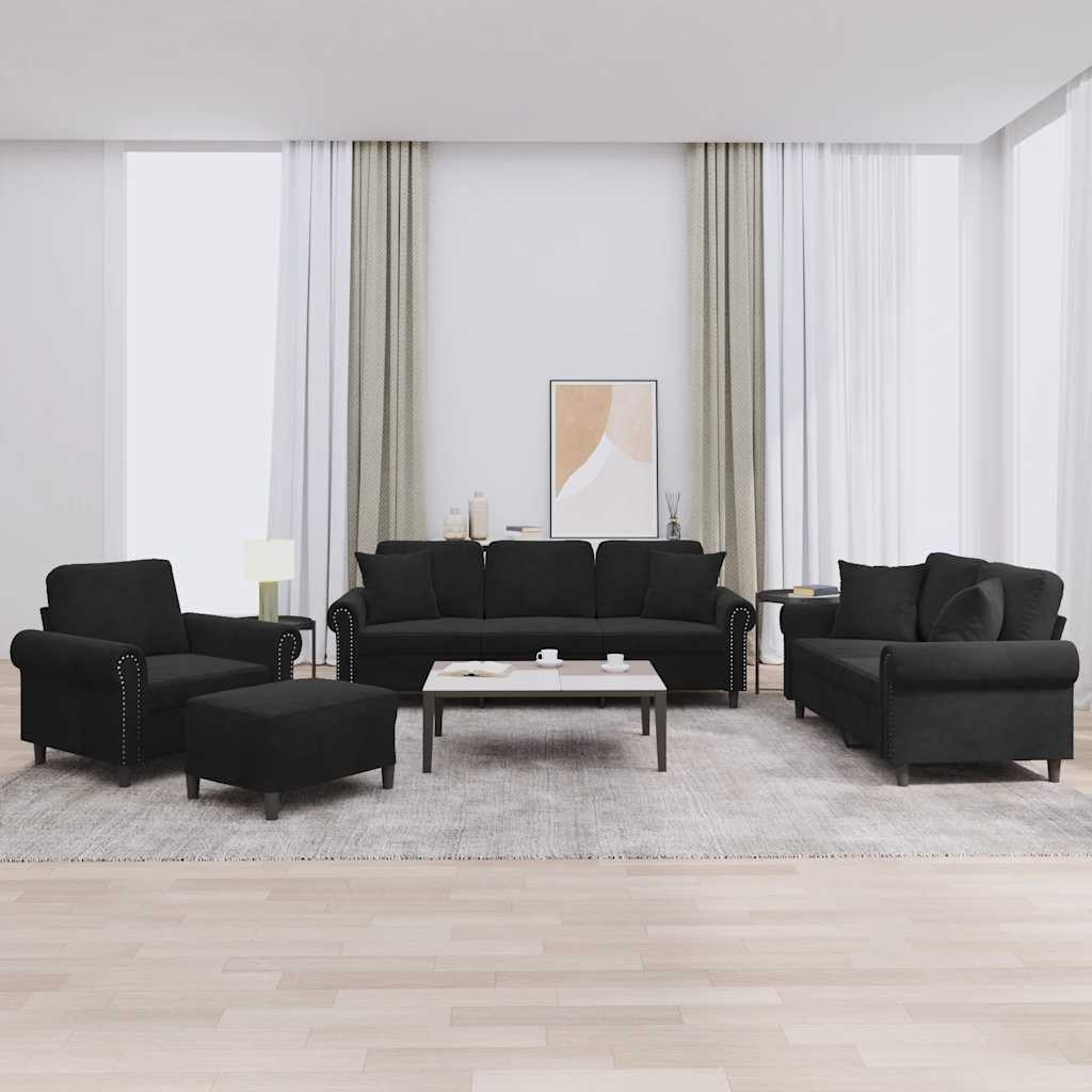 vidaXL 4-tlg. Sofagarnitur mit Kissen Schwarz Samt