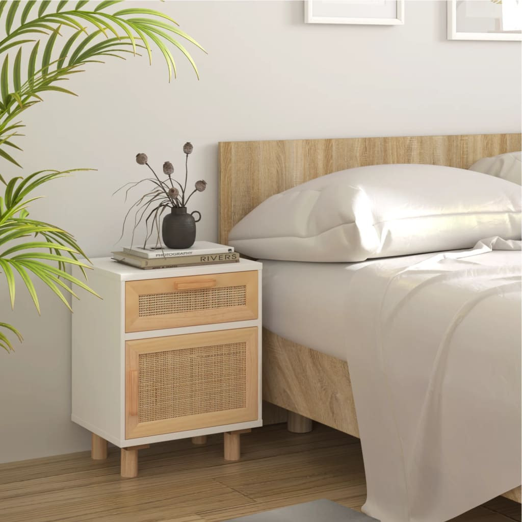 vidaXL Nachttisch Weiß Massivholz Kiefer und Natur-Rattan