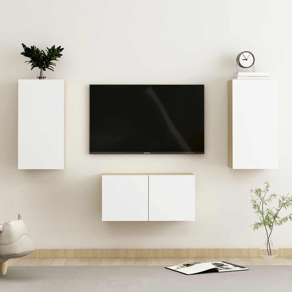 vidaXL 3-tlg. TV-Schrank-Set Weiß Sonoma-Eiche Holzwerkstoff