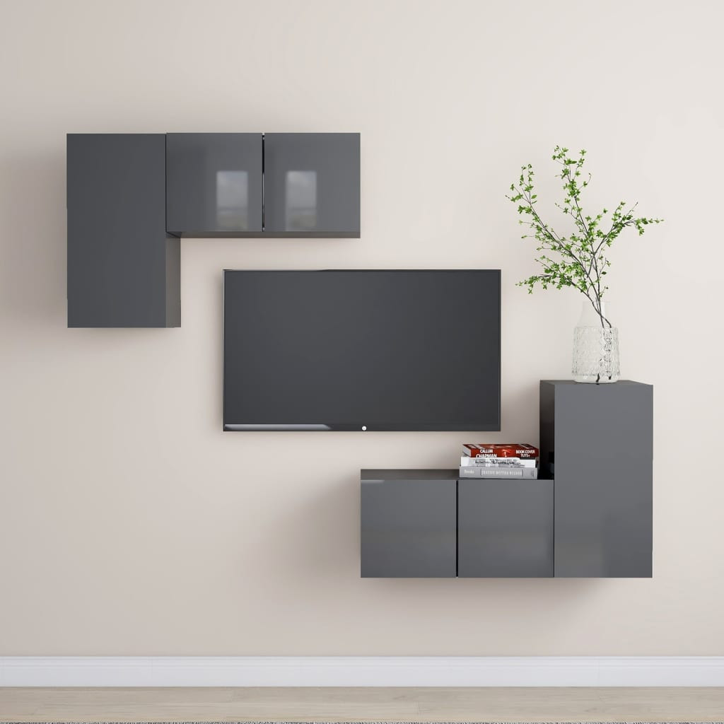vidaXL 4-tlg. TV-Schrank-Set Hochglanz-Grau Holzwerkstoff