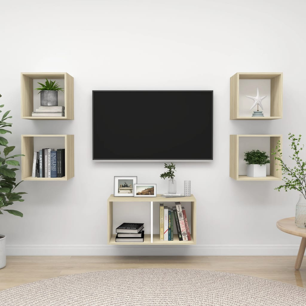 vidaXL 5-tlg. TV-Schrank-Set Weiß Sonoma-Eiche Holzwerkstoff