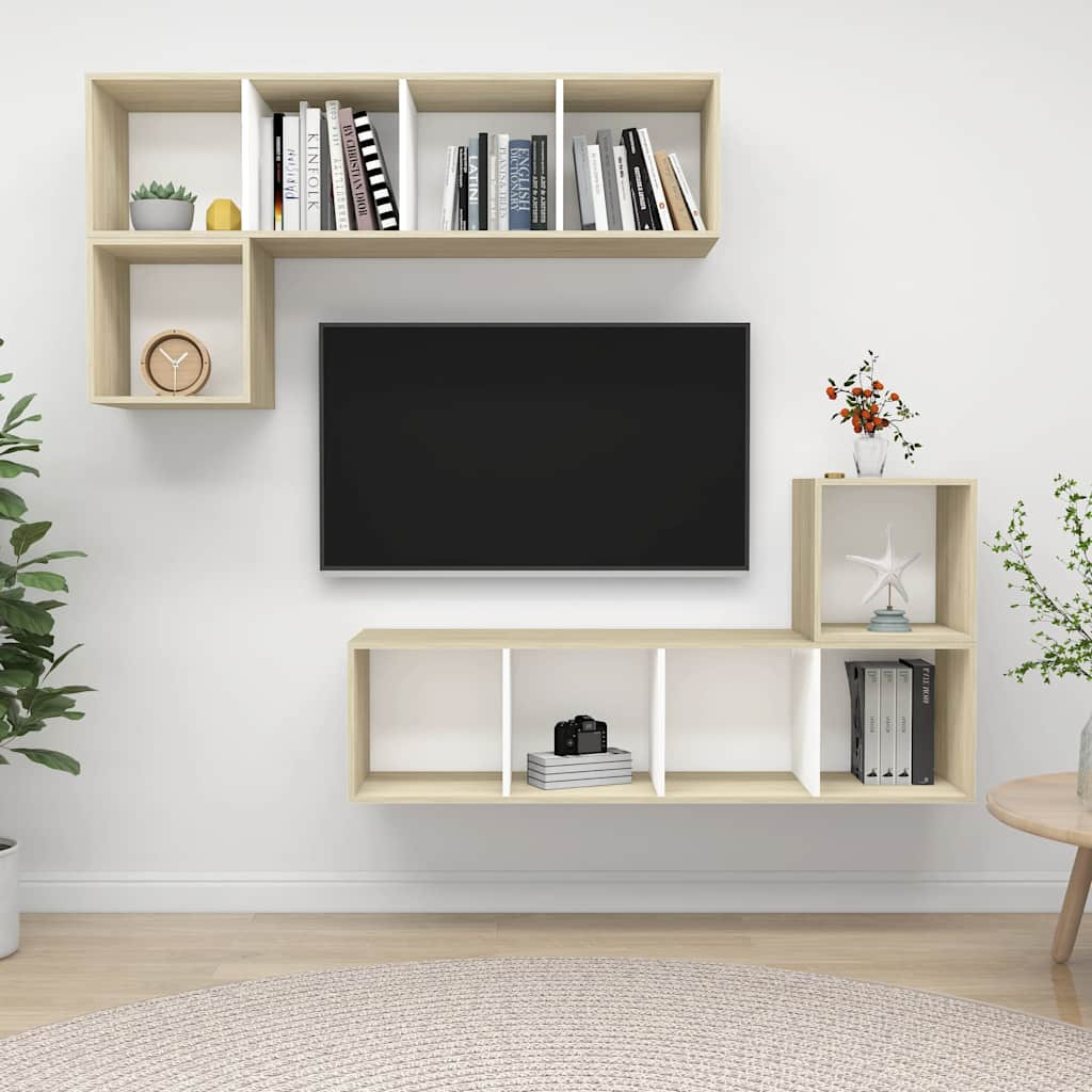 vidaXL 4-tlg. TV-Schrank-Set Weiß Sonoma-Eiche Holzwerkstoff